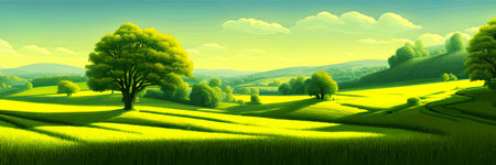 Green field, tree and blue sky. Great background, web banner. Electrical illustrationのイラスト素材