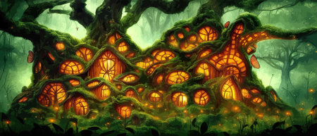 Fantastic houses magical forest night, fabulous dwelling in tree trunks. Banner vector illustration Fairy-tale house in a tree with a roof intertwined. Forest house.のイラスト素材