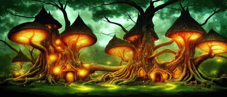 Fantastic houses magical forest night, fabulous dwelling in tree trunks. Banner vector illustration Fairy-tale house in a tree with a roof intertwined. Forest house.のイラスト素材