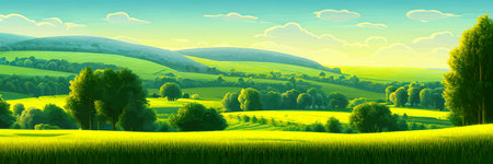 Green field, tree and blue sky. Great background, web banner. Electrical illustrationのイラスト素材