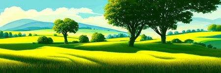 Green field, tree and blue sky. Great background, web banner. Electrical illustrationのイラスト素材