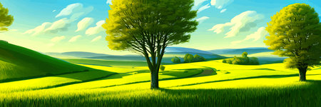 Green field, tree and blue sky. Great background, web banner. Electrical illustrationのイラスト素材