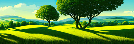 Green field, tree and blue sky. Great background, web banner. Electrical illustrationのイラスト素材