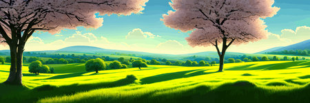 Green field, tree and blue sky. Great background, web banner. Electrical illustrationのイラスト素材