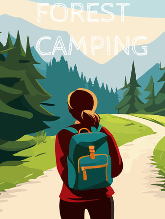 Woman with a backpack to travel. vector illustration vertical poster with text. background illustration. camping with mountains and forest in the backgroundのイラスト素材