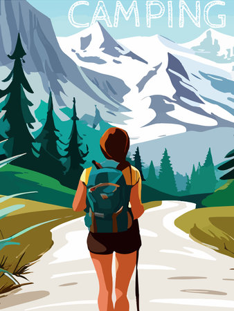 Woman with a backpack to travel. vector illustration vertical poster with text. background illustration. camping with mountains and forest in the backgroundのイラスト素材