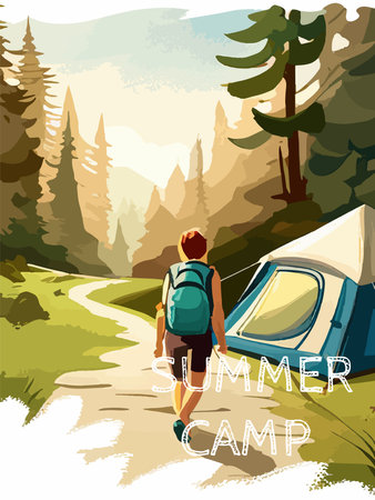 Woman with a backpack to travel. vector illustration vertical poster with text. background illustration. camping with mountains and forest in the backgroundのイラスト素材