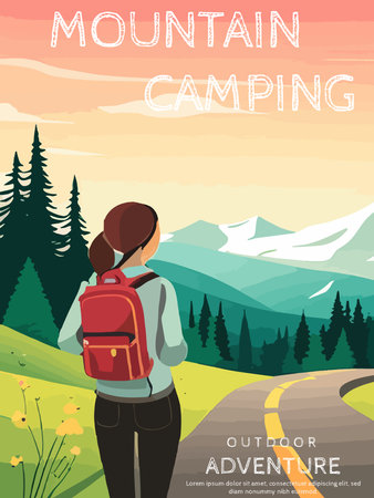 Woman with a backpack to travel. vector illustration vertical poster with text. background illustration. camping with mountains and forest in the backgroundのイラスト素材