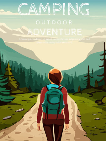 Woman with a backpack to travel. vector illustration vertical poster with text. background illustration. camping with mountains and forest in the backgroundのイラスト素材
