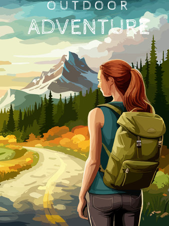 Woman with a backpack to travel. vector illustration vertical poster with text. background illustration. camping with mountains and forest in the backgroundのイラスト素材
