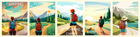 Woman with a backpack to travel. vector illustration vertical poster with text. background illustration. camping with mountains and forest in the backgroundのイラスト素材