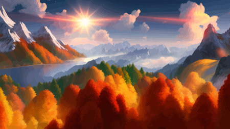 Vector illustration of countryside in autumn, autumn landscape mountains and maple trees fallen with yellow foliage. Forest in shades of orange and teal in the fall.のイラスト素材