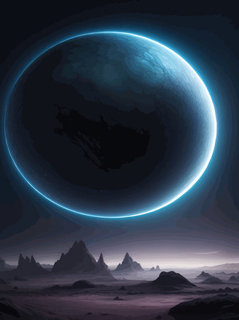 Futuristic fantasy landscape, sci fi landscape with planet, neon light, cold planet. Galaxy unknown planet Dark naturalのイラスト素材