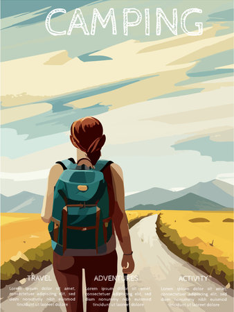 Woman with a backpack to travel. vector illustration vertical poster with text. background illustration. camping with mountains and forest in the backgroundのイラスト素材