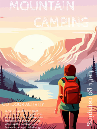 Woman with a backpack to travel. vector illustration vertical poster with text. background illustration. camping with mountains and forest in the backgroundのイラスト素材