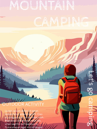Woman with a backpack to travel. vector illustration vertical poster with text. background illustration. camping with mountains and forest in the backgroundのイラスト素材