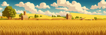 Wheat field sky with clouds. Countryside summer background gold colors grain nature. health food posterのイラスト素材