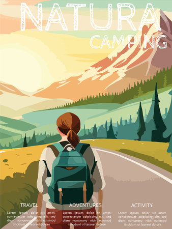 Woman with a backpack to travel. vector illustration vertical poster with text. background illustration. camping with mountains and forest in the backgroundのイラスト素材