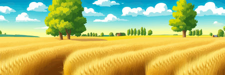 Wheat field sky with clouds. Countryside summer background gold colors grain nature. health food posterのイラスト素材