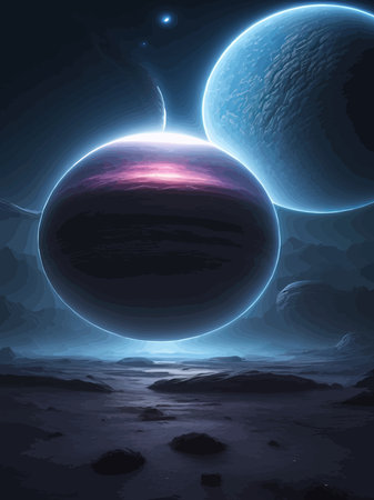 Futuristic fantasy landscape, sci fi landscape with planet, neon light, cold planet. Galaxy unknown planet Dark naturalのイラスト素材