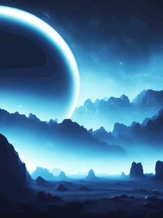 Futuristic fantasy landscape, sci fi landscape with planet neon light, cold planet. Galaxy unknown planet. Dark natural scene with light reflection water. neon space galaxy portal vector illustration.のイラスト素材