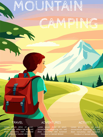 Woman with a backpack to travel. vector illustration vertical poster with text. background illustration. camping with mountains and forest in the backgroundのイラスト素材