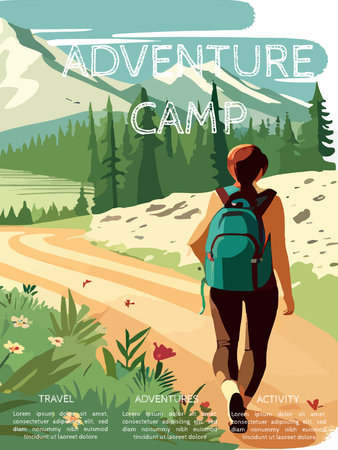 Woman with a backpack to travel. vector illustration vertical poster with text. background illustration. camping with mountains and forest in the backgroundのイラスト素材