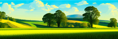 Green field, tree and blue sky. Great background, web banner. Electrical illustrationのイラスト素材