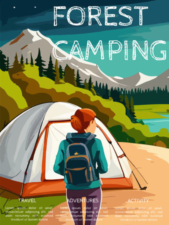 Woman with a backpack to travel. vector illustration vertical poster with text. background illustration. camping with mountains and forest in the backgroundのイラスト素材