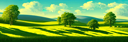Green field, tree and blue sky. Great background, web banner. Electrical illustrationのイラスト素材