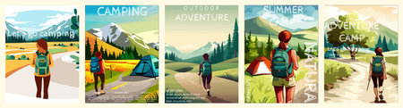 Woman with a backpack to travel. vector illustration vertical poster with text. background illustration. camping with mountains and forest in the backgroundのイラスト素材