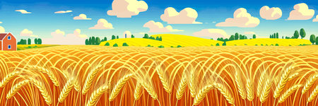 Wheat field sky with clouds. Countryside summer background gold colors grain nature. health food posterのイラスト素材