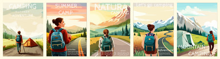 Woman with a backpack to travel. vector illustration vertical poster with text. background illustration. camping with mountains and forest in the backgroundのイラスト素材