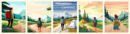 Woman with a backpack to travel. vector illustration vertical poster with text. background illustration. camping with mountains and forest in the backgroundのイラスト素材