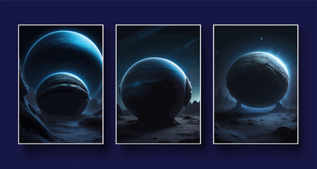 Futuristic fantasy landscape, sci fi landscape with planet, neon light, cold planet. Galaxy unknown planet Dark naturalの写真素材