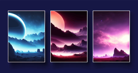 Futuristic fantasy landscape, sci fi landscape with planet neon light, cold planet. Galaxy unknown planet. Dark natural scene with light reflection water. neon space galaxy portal vector illustration.の写真素材