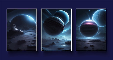Futuristic fantasy landscape, sci fi landscape with planet, neon light, cold planet. Galaxy unknown planet Dark naturalの写真素材