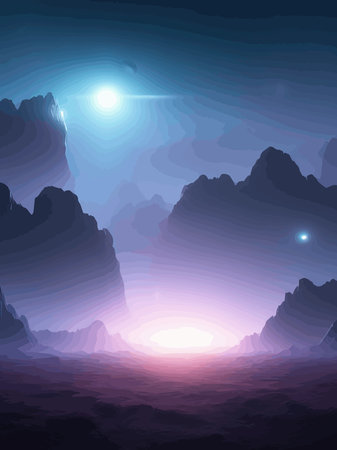 Futuristic fantasy landscape, sci fi landscape with planet neon light, cold planet. Galaxy unknown planet. Dark natural scene with light reflection water. neon space galaxy portal vector illustration.のイラスト素材