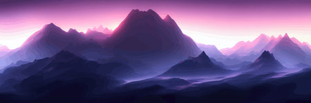Realistic mountain landscape. Morning panorama of the forest, pine trees and mountain silhouettes.のイラスト素材