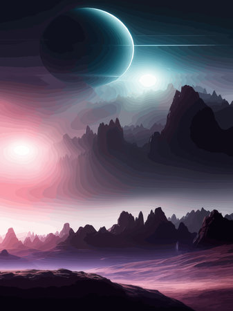 Futuristic fantasy landscape, sci fi landscape with planet neon light, cold planet. Galaxy unknown planet. Dark natural scene with light reflection water. neon space galaxy portal vector illustration.のイラスト素材