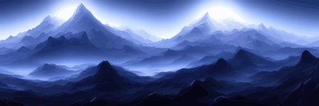 Realistic mountain landscape. Morning panorama of the forest, pine trees and mountain silhouettes.のイラスト素材