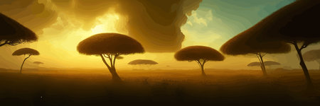 African rainforest. African jungle rainforest panorama with tropical vegetation, exotic fantasy landscape banner vector illustration. african savannah vector illustration.のイラスト素材