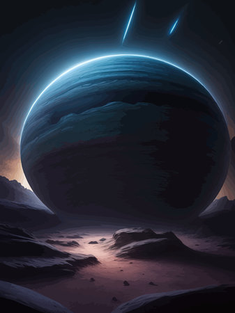 Futuristic fantasy landscape, sci fi landscape with planet neon light, cold planet. Galaxy unknown planet. Dark natural scene with light reflection water. neon space galaxy portal vector illustration.の素材
