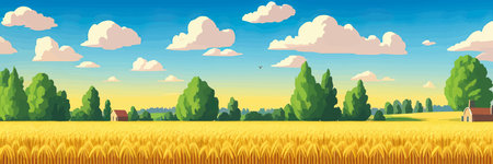 Wheat field sky with clouds. Countryside summer background gold colors grain nature. health food posterのイラスト素材