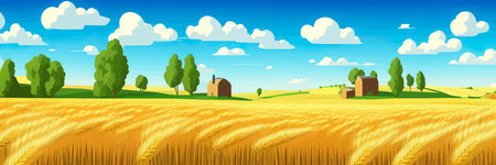 Wheat field sky with clouds. Countryside summer background gold colors grain nature. health food posterのイラスト素材