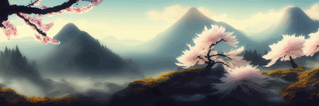 Japanese landscape with sakura trees against the backdrop of mountains and a volcano. beautiful fantasy landscape. vector banner illustration.のイラスト素材