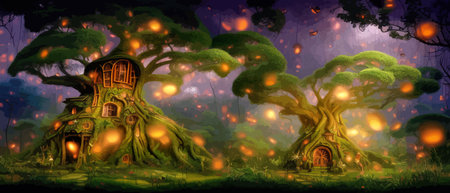 Fantastic houses magical forest night, fabulous dwelling in tree trunks. Banner vector illustration Fairy-tale house in a tree with a roof intertwined. Forest house.のイラスト素材