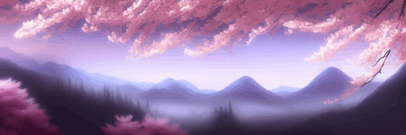 Japanese landscape with sakura trees against the backdrop of mountains and a volcano. beautiful fantasy landscape. vector banner illustration.のイラスト素材