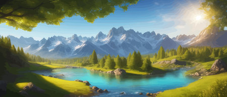 Picture of a mountain lake with a mountain range in the background and a lake in the foreground with a mountain range in the background. vector illustrationのイラスト素材