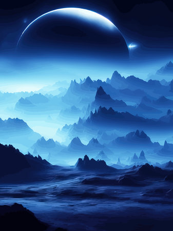 Futuristic fantasy landscape, sci fi landscape with planet neon light, cold planet. Galaxy unknown planet. Dark natural scene with light reflection water. neon space galaxy portal vector illustration.の素材